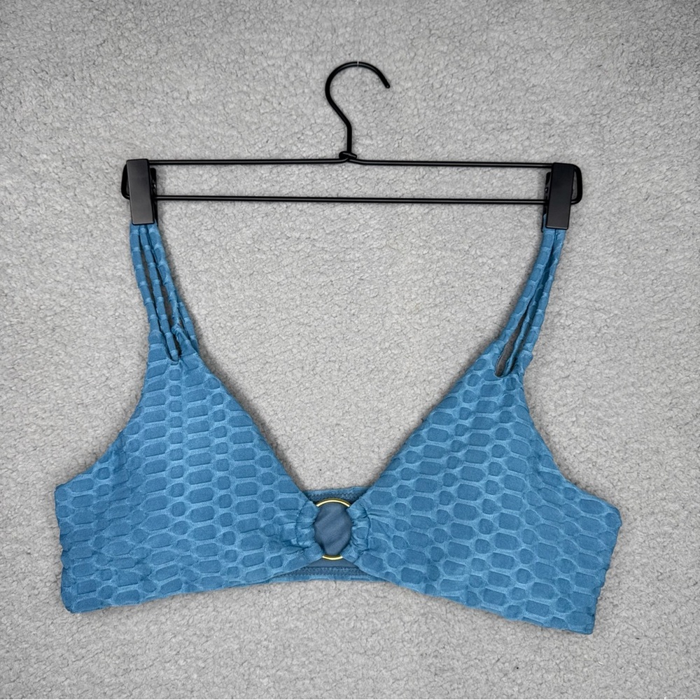 Zaful Bikini Top Womens Sz Med/6 Blue Textured Bandeau O-Ring Double Strap NWOT